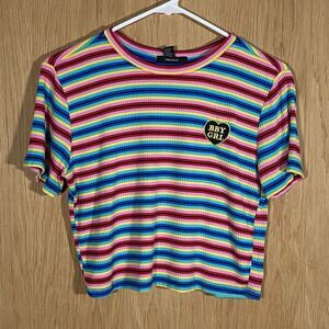 Forever 21 Rainbow Crop Top 90's Baby Tee Festival Stretch Stripes Sz Lg
